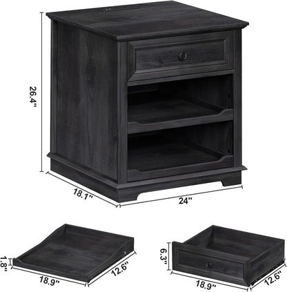Lateral File Cabinet 3 Drawer File Cabinet with Charging Station, Printer Stand with Open Adjustable Storage Shelves, Lateral Filing Cabinet for Home Office, Black