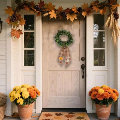 Autumn Door Wreath Sash Embroidered with White Letters and Pumpkins On A Plaid Wreath Sash Ideal for Housewarming Gifts, Autumn Thanksgiving, Halloween, and Christmas Porch Decorations -R