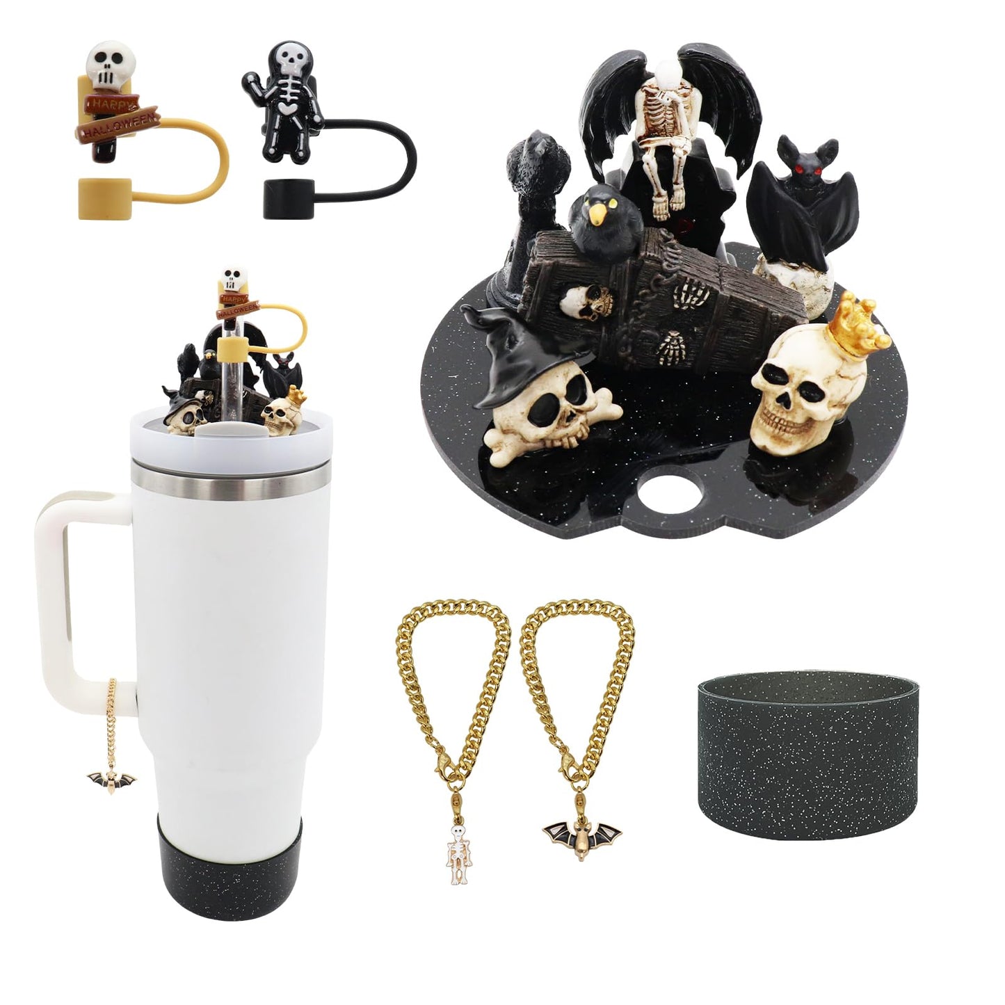 Lid Name Plate Topper for Stanley Cup 30 oz，Including Boot, Silicone Straw Topper Cover Cap, Lid Charms，Cup Chain (Halloween-A)
