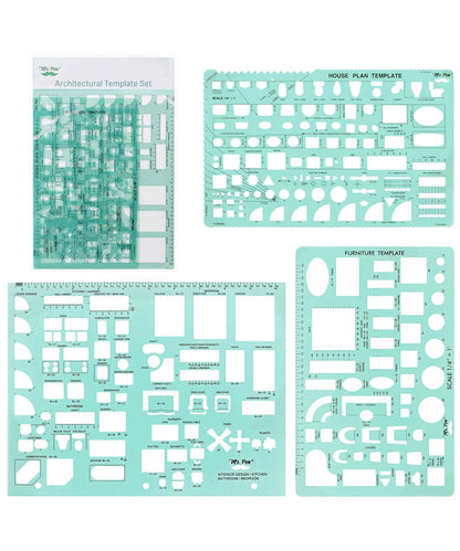 Mr. Pen- House Plan, 3 pcs, Interior Design and Furniture Templates, Clear Flexible Plastic, Drafting Tools, Ruler Shapes for Architecture, 1/4 Inch Scale, Kitchen, Bath, Bedroom, Office, Living Room