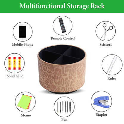 QIELIZI Round Leather Art Supply Organizer,Remote Control Holder,360 Degree Rotating,Multi-Functional Pencil Holder,4 Compartments Desktop Stationary Organizer(1-Leopard Brown)