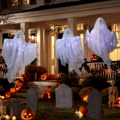 6 Pack Halloween Hanging Ghost Decorations with Lights, 27.5 Inch LED Light-Up Spooky Ghosts Indoor Outdoor Ornaments, Halloween Flying Hanging Ghosts for Haunted House Prop, Front Yard Patio Party