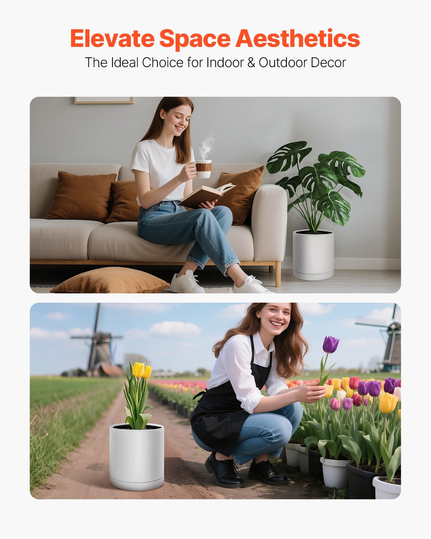 VEVOR Plant Pot, 12-Inch Ceramic Pots for Plants with Drainage Holes, Non-Slip Pads & Detachable Saucer, Modern Ceramic Flower Pots, Indoor and Outdoor Tree Planter Pot, Home & Office