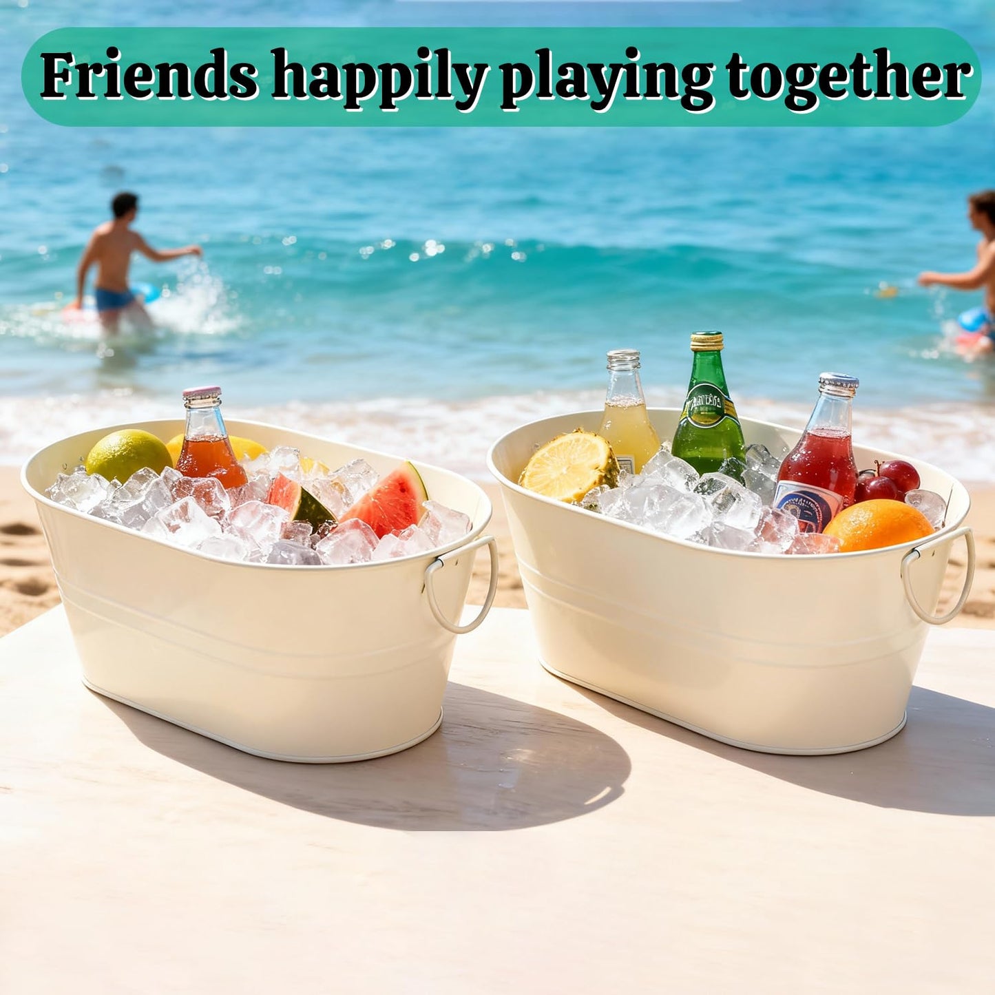 GENHAKON 3 PCS 15.3 x 9 x 6 inch White Metal Galvanized Tub with Handles, 3 Gallon Large Beverage Tubs for Wine, Cocktails, Parties, Outdoor Beer Ice Tub