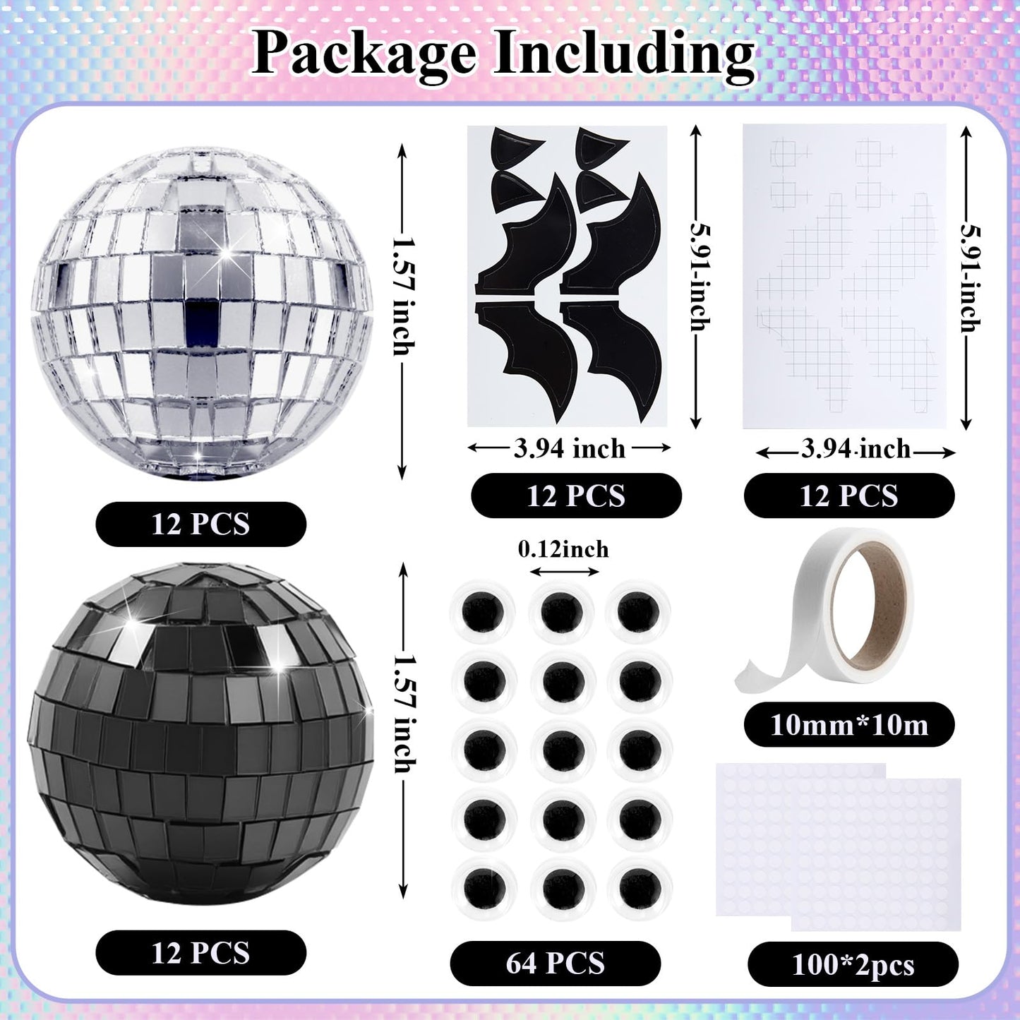 24 Pcs Halloween Disco Bats Halloween Disco Decor DIY Disco Ball for Halloween Party Decor Glitter Disco Ball with Sparkle wing Wiggle Googly Eyes Round Dot Sticker for Halloween DIY Bats