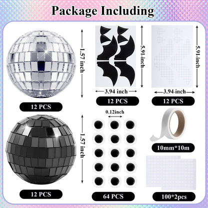24 Pcs Halloween Disco Bats Halloween Disco Decor DIY Disco Ball for Halloween Party Decor Glitter Disco Ball with Sparkle wing Wiggle Googly Eyes Round Dot Sticker for Halloween DIY Bats