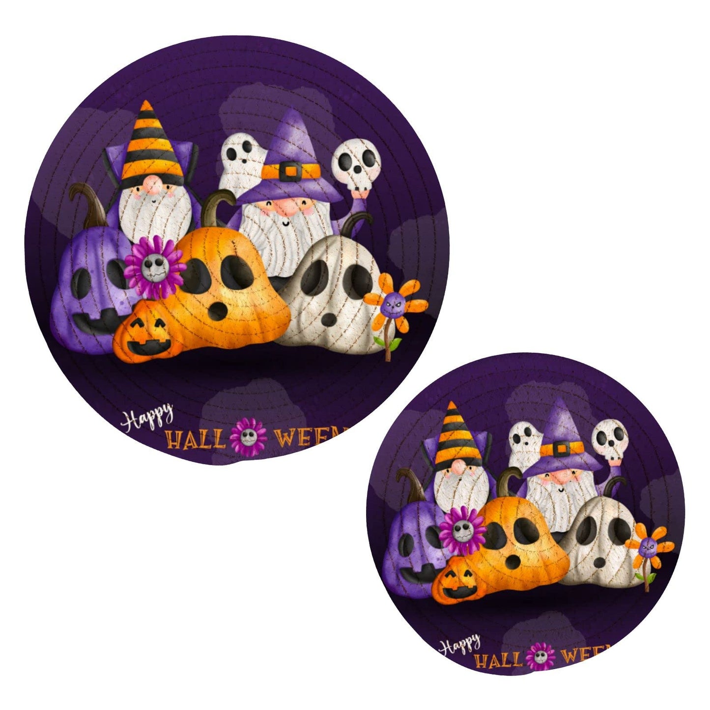 Moudou Halloween Gnome Trivet Pot Holder Set of 2, Heat Resistant Round Potholders Coasters Pad for Kitchen, Hot Pot and Pan