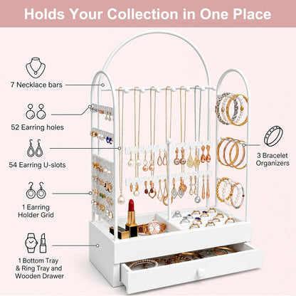 TerraKit White Vanity Jewelry Organizer Stand with Drawer, Earring Holder and Necklace Bracelet Organizer, Metal & Wood Jewelry Display Stand for Earrings, Rings, Bracelets, Dresser & Bedroom