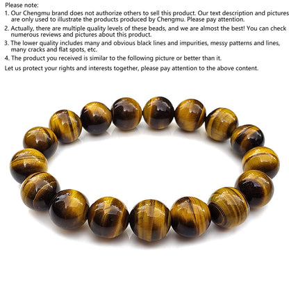 chengmu 12mm Tiger Eye Stone Stretch Bracelet for Men Natural Round Beads Semi Precious Gemstone for Crystal Elastic Beaded Bracelet 8"
