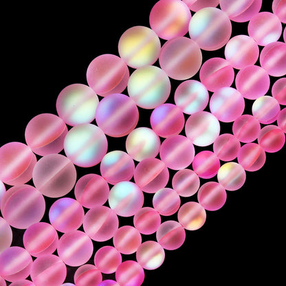 Matte Pink Aurora Crystal Glass Beads, 8MM Frosted Glitter Shining Mermaid Round Loose Beads, Rainbow Holographic Synthetic Moonstone for Jewelry Making DIY Bracelet