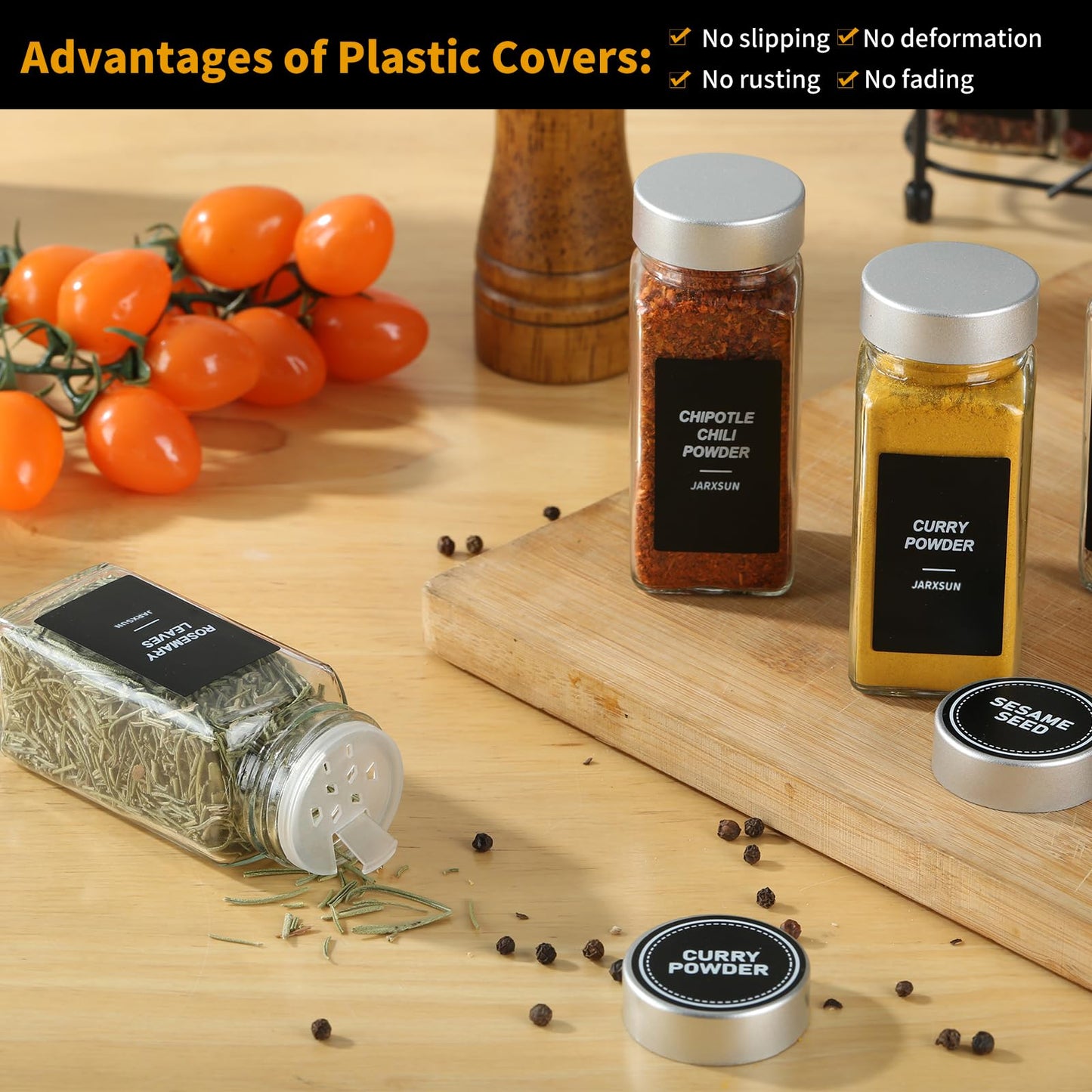 JARXSUN 24 Glass Storage Jars- Spice Jars with Label-4oz Spice Containers with Shaker Lids and Silvery Lids,3 Sets of Spice Labels for Spice Rack
