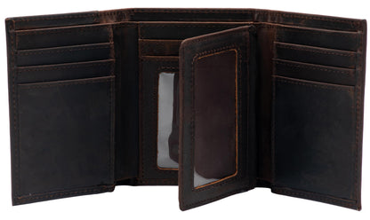 WULOUJIE Mens large-capacity Trifold wallet with 2 ID Window，Genuine Leather RFID Blocking 11 card slots Wallet for Men (Dark brown)