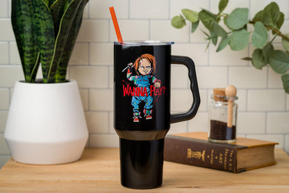 Silver Buffalo Chucky Holding Knife Wanna Play Spooky Scary Double Walled Stainless Steel Tumbler with Handle and Straw, Fits in Standard Cup Holder, 40 Ounces
