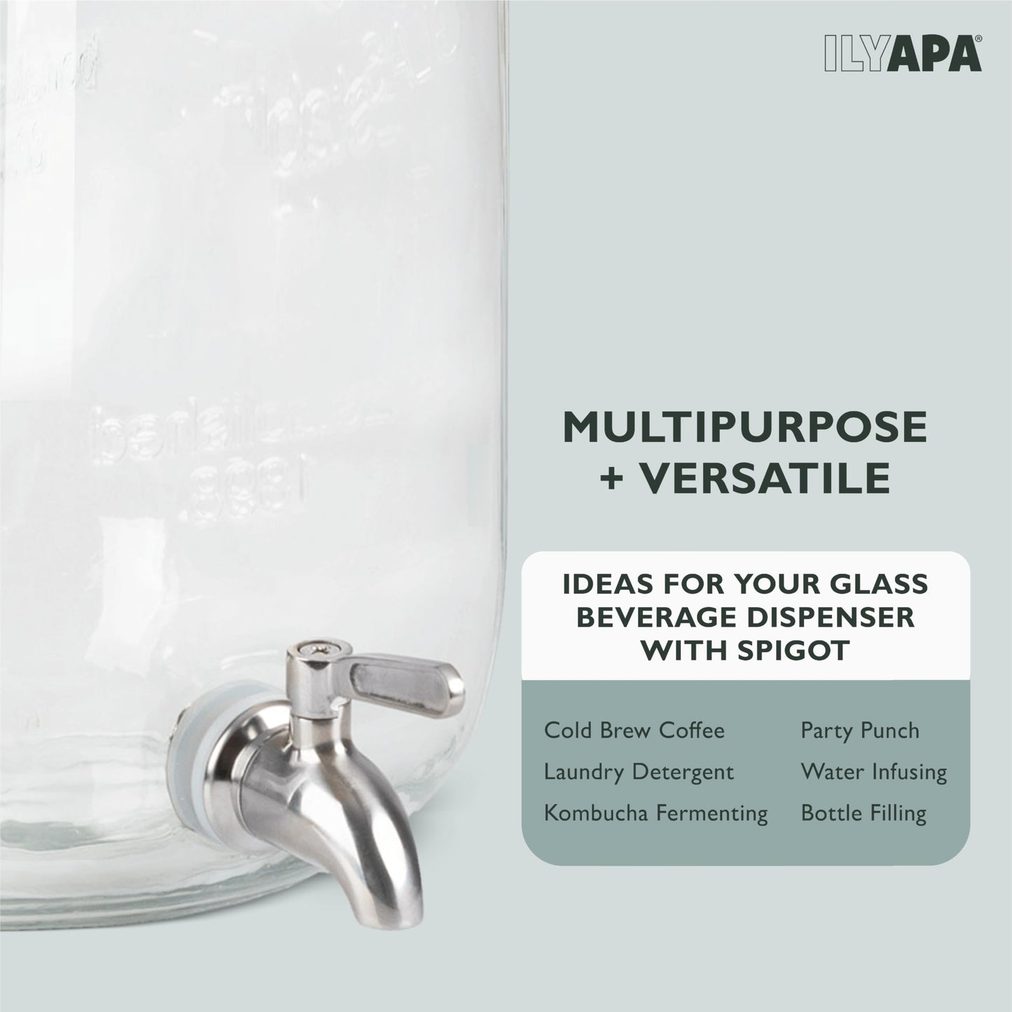 Ilyapa 2 Gallon Drink Dispenser - Wide Mouth Glass Drink Dispenser - 100% Leak Proof Stainless Steel Spigot with Glass Flip Top Lid, for Any Event