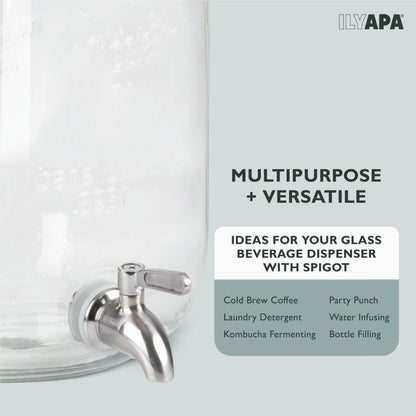 Ilyapa 2 Gallon Drink Dispenser - Wide Mouth Glass Drink Dispenser - 100% Leak Proof Stainless Steel Spigot with Glass Flip Top Lid, for Any Event