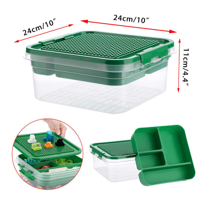 OGANAZI Toy Organizer with Bricks Baseplate Lid for Building Blocks, Bricks Building Set Organization Bin with Compartments Tray, Stackable Storage Box Building Block Chest Case (Green)