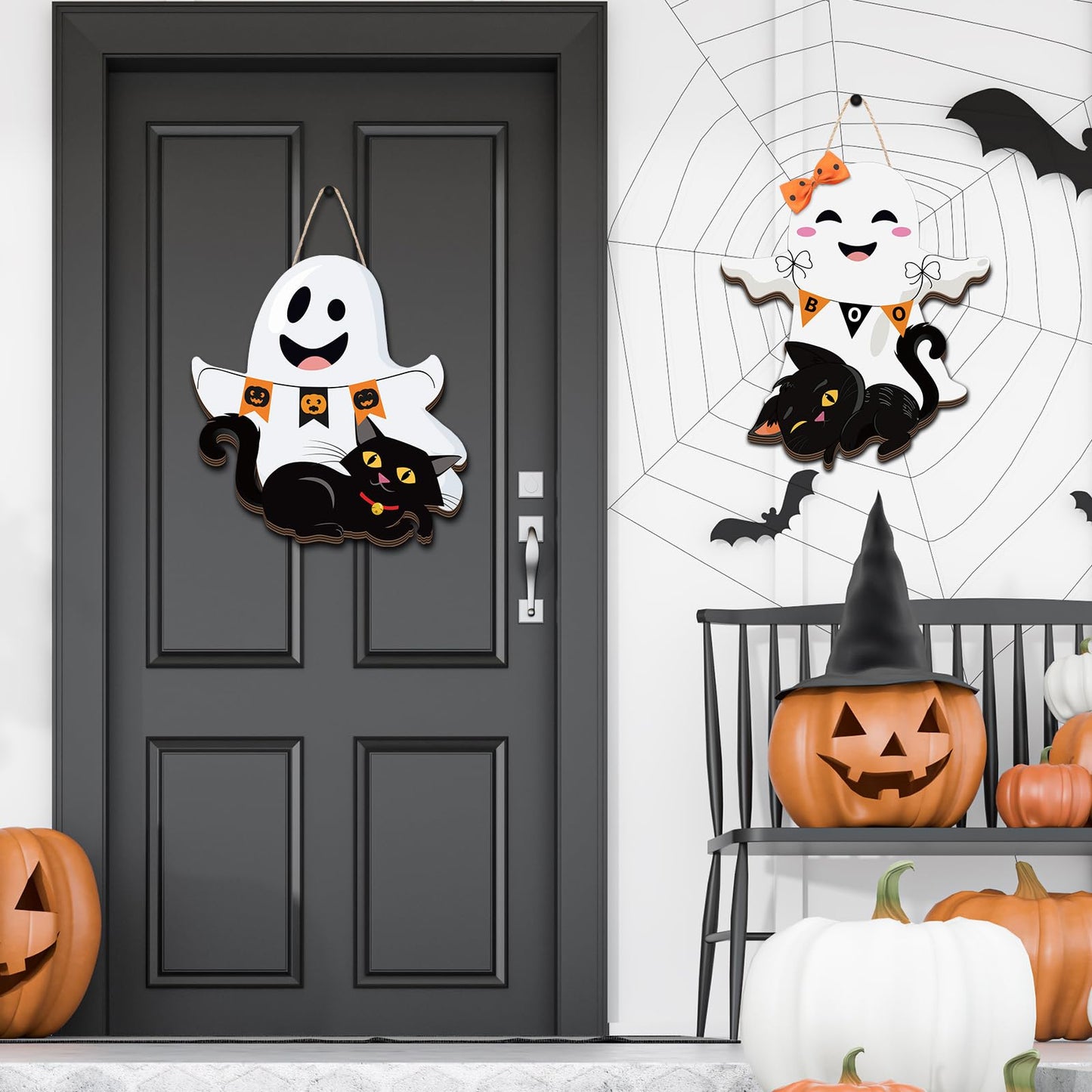Leinuosen 2 Pcs Halloween Ghost Witch Door Sign Boo Decorations Front Door Hanger Wreath Decor Black Cat Pumpkin Wooden Hanging Sign for Party Supplies (Ghost)