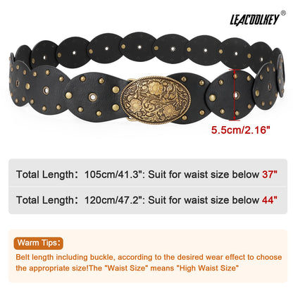 LEACOOLKEY Hollow Disc Belt Western Leather Belt Boho Concho Belt Vintage Waist Belt for Women