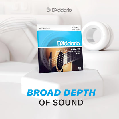 D'Addario Acoustic Guitar Strings, 80/20 Bronze, EJ11, Light Gauge 12-53, 6-String Set, Pack of 1