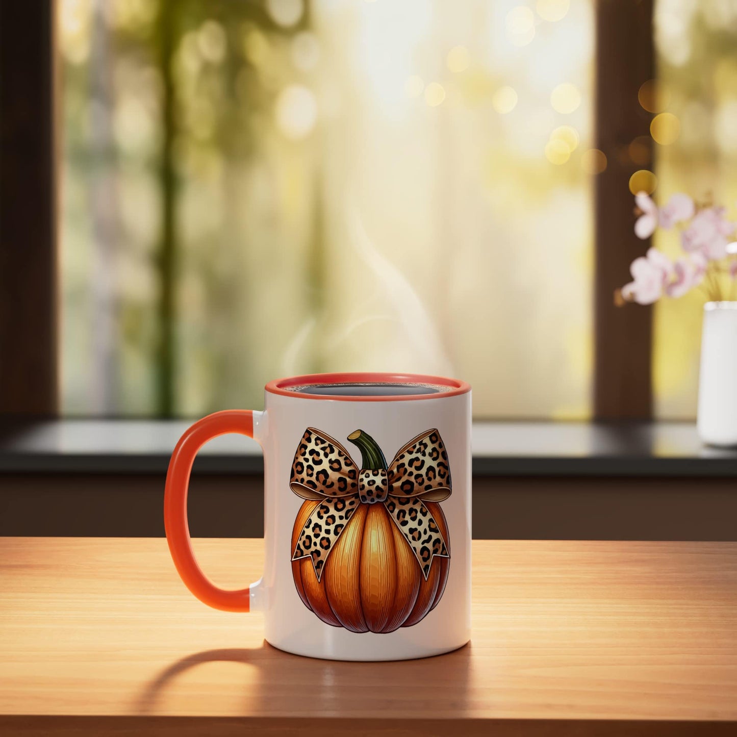Halloween Pumpkin Coquette Cheetah Bow Print Women Ceramic Mug, Orange/White