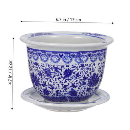BESPORTBLE Blue and White Porcelain Decorative Flower Pot Ceramic Planter Pot with Drainage Hole and Saucer for Bonsai Plants Flower Aloe Indoor Home Decoration, 6.6 * 4.68in