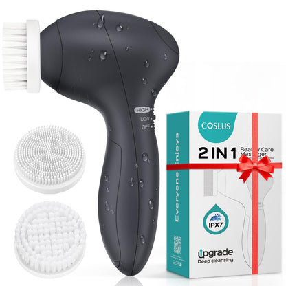 COSLUS Facial Cleansing Brush Silicone Face Scrubber: 2 in1 FBS-D Electric Exfoliating Massage Device Waterproof Deep Cleaning Exfoliation Rotating Spa Machine - Electronic Skin Care Wash Clean System