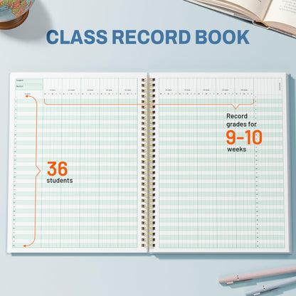 SUNEE Teacher Class Record Book for 9-10 weeks, 36 Names, 8.5x11 Inch, 104 Pages (52 Sheets), 100gsm Thick Paper, Larger Grade Recording up to 36 Students with Water-Resistant Plastic Cover, Blue
