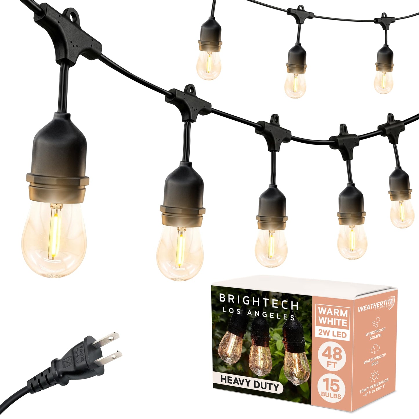 Brightech Ambience Pro - Waterproof LED Outdoor String Lights - 15 Hanging, Dimmable 2W Vintage Edison Bulbs - 48 Ft Commercial Grade Patio Lights Create Cafe Ambience in Your Backyard