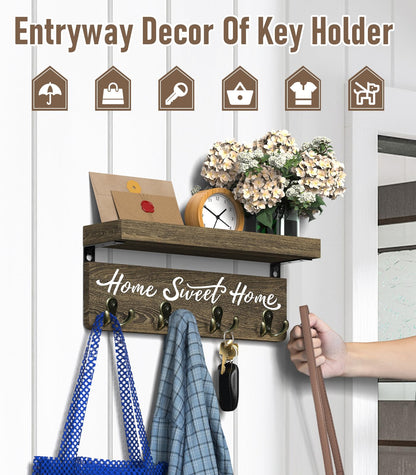 buways Wall-Mounted Key and Mail Holder, Wooden Key Rack with 4 Double Key Hooks, Rustic Home Decor for Entryway
