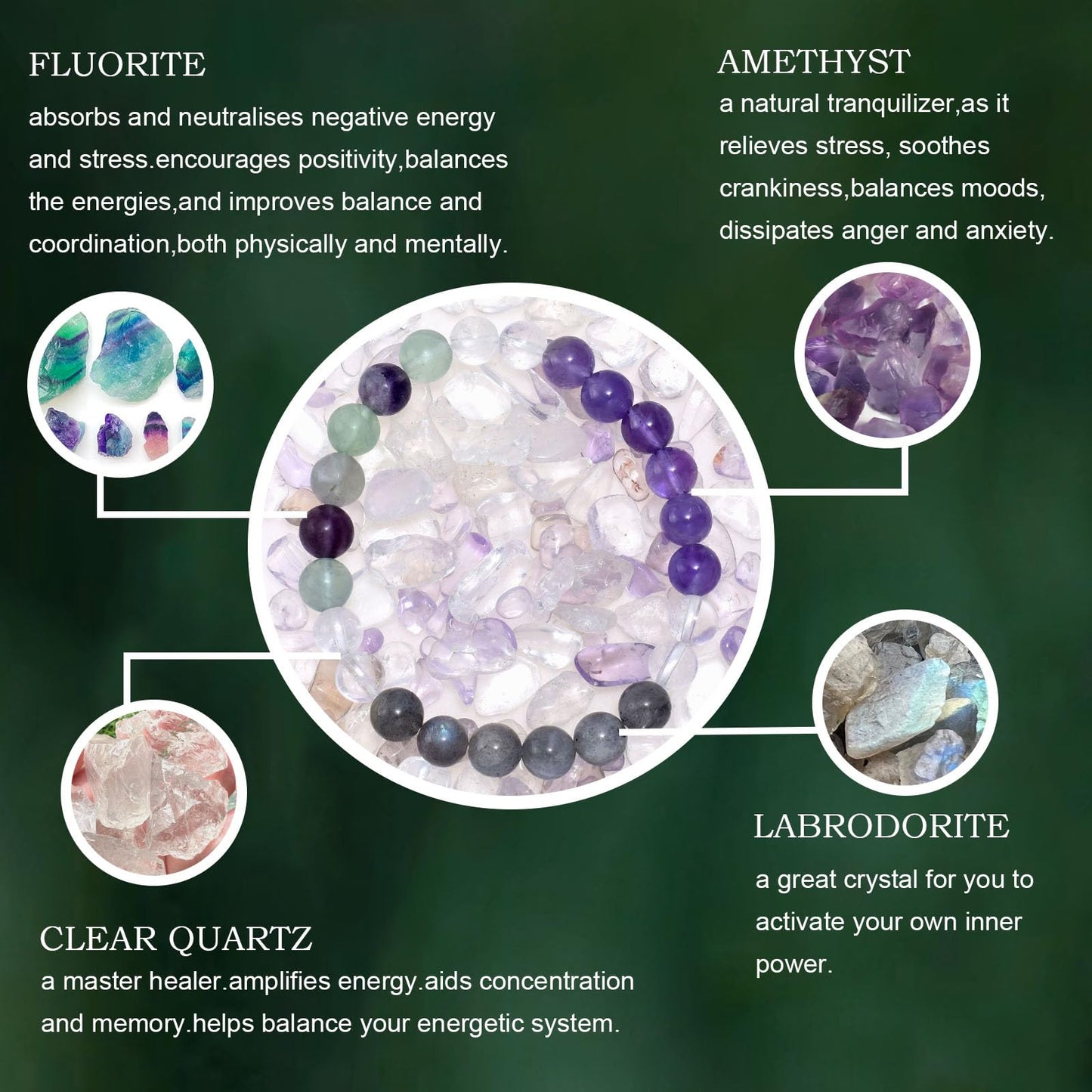 Ayriwoyi Healing Bracelet for Women Real Crystal Stone Beaded Amethyst Fluorite Clear Quartz Bracelet anxiety bracelet Strength Bracelets For Women