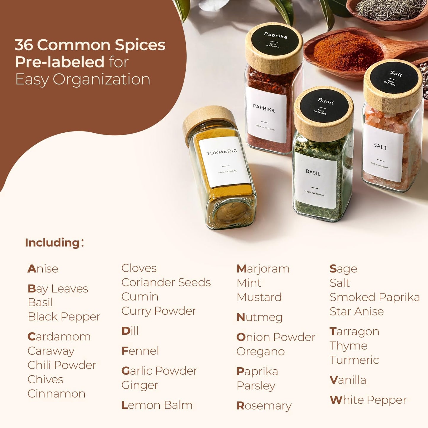 ComSaf Aesthetic Minimalist Spice Jars Set, 4 oz 24Pcs Glass Spice Containers with Labels, Bamboo Lids, 6 Extra Shaker Inserts, 93 Labels, Metal Funnel, Square Jars for Pantry Organization