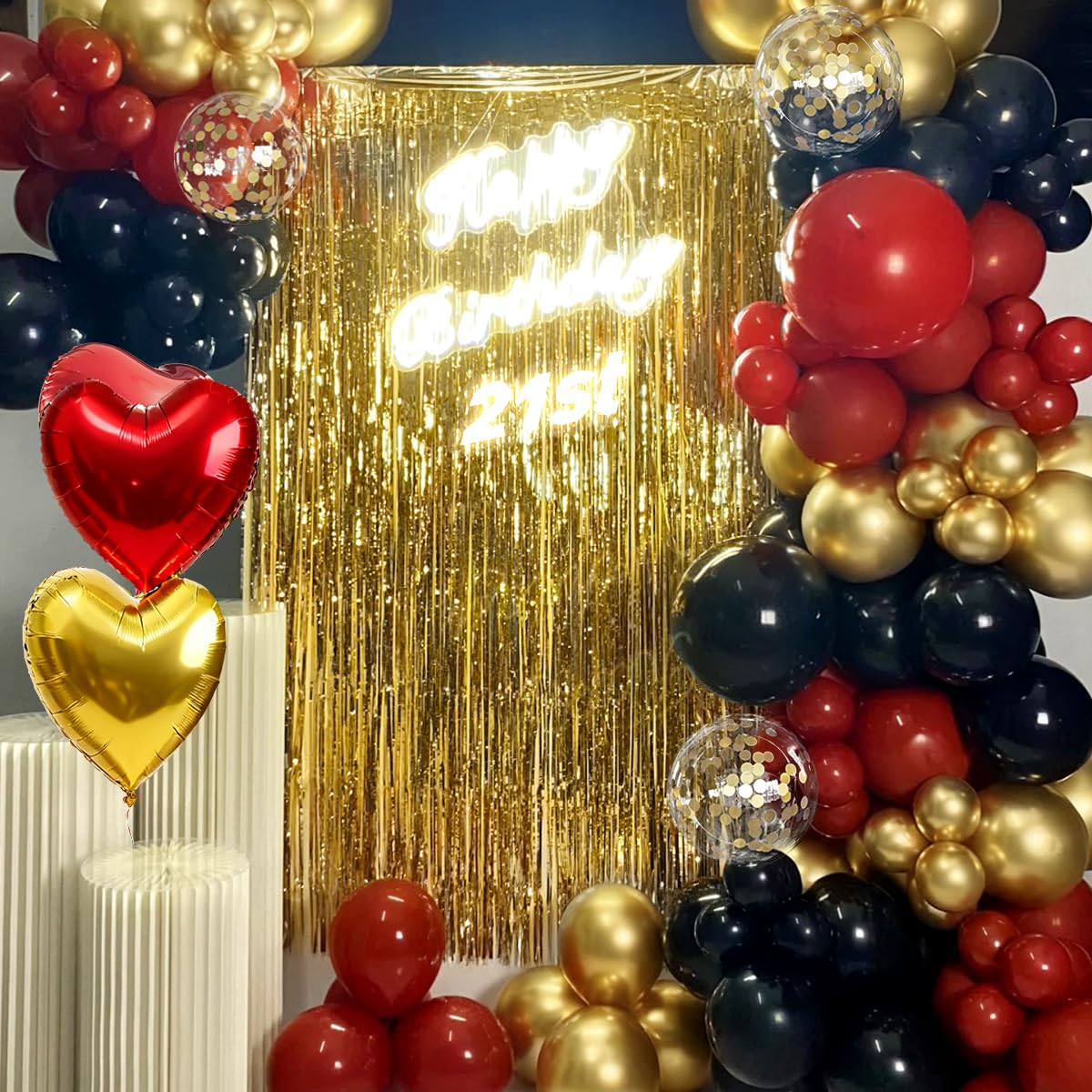 157Pcs Red Black Gold Balloons Garland Arch Kit with Glitter Fringe Curtain Backdrop for Adults Masquerade Halloween New Year Eve Casino Birthday Party Decorations