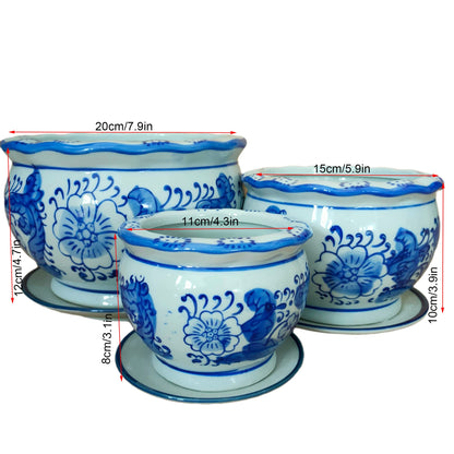 jdzjybqx Small Blue and White Porcelain Flower Pot Set of 3 Oriental Ceramic Flower Plant Pots Indoor with Porcelain Saucer for Garden and Indoor,Mini Flower Pot Set of 3