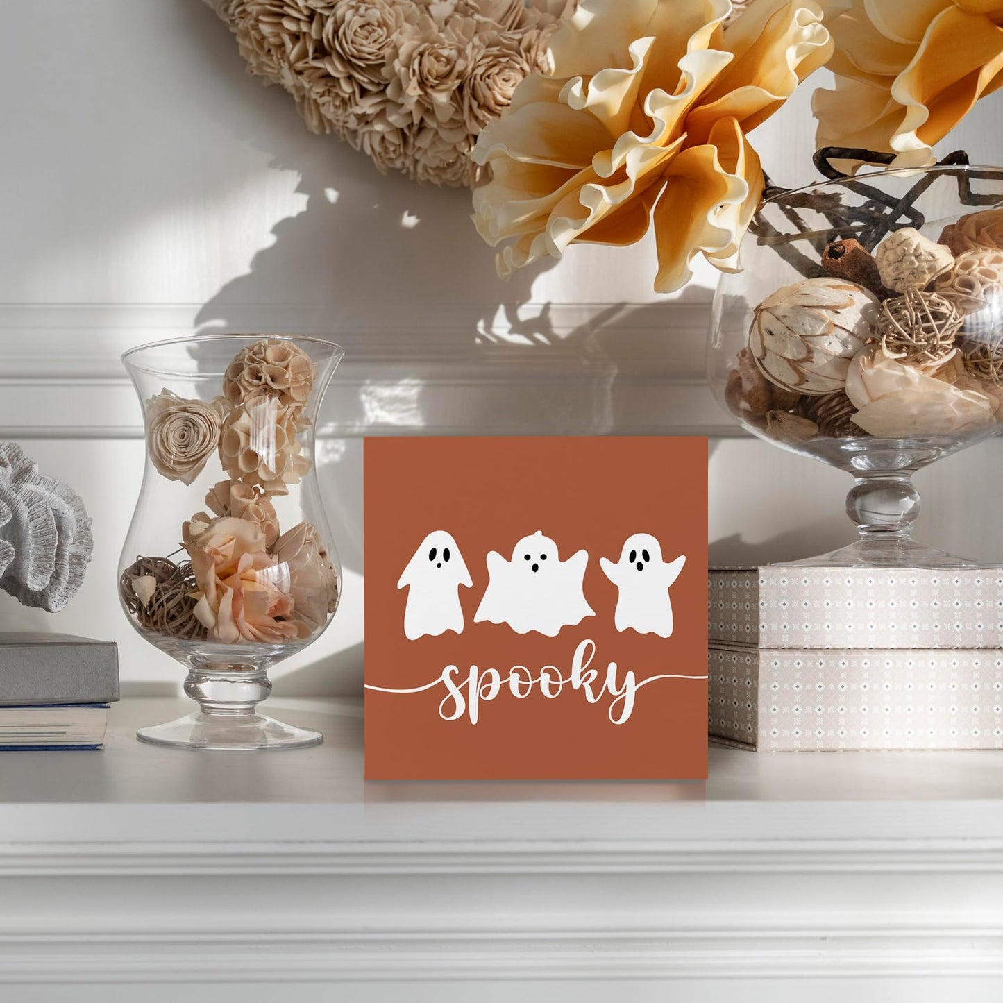 KFXHANGD Happy Halloween Ghosts Wooden Box Sign Desk Decor, Fall Thanksgiving Decoration, Fall Halloween Ghosts Decoration for Home Office, Halloween Spooky Gost Shelf Desk Decor 5x5 Inch