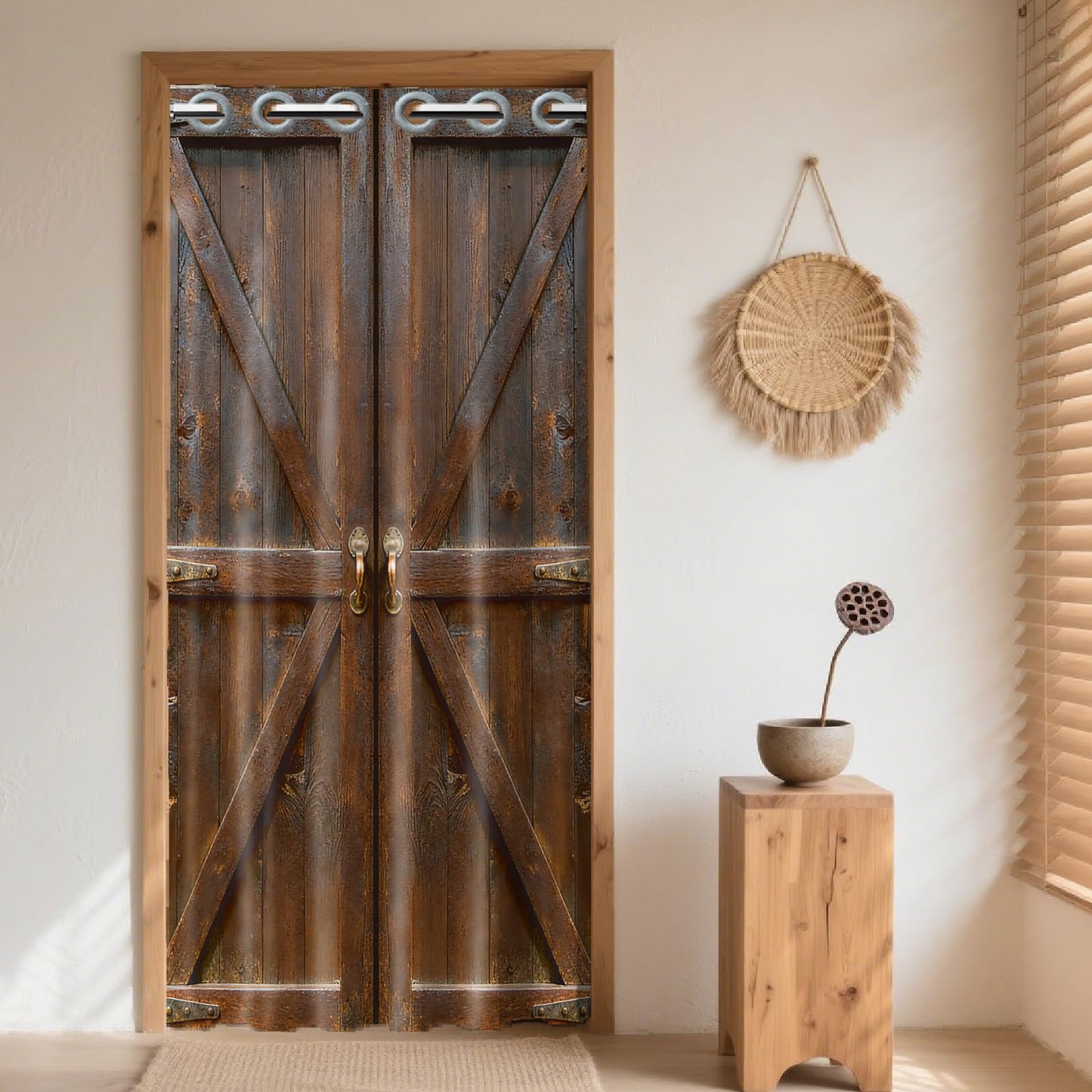 CONCHLERY Retro Wooden Doors Pattern Door Curtain Doorway Curtain Folding Room Divider Curtains for Home Restaurant Door Decor, 78x39 Inch