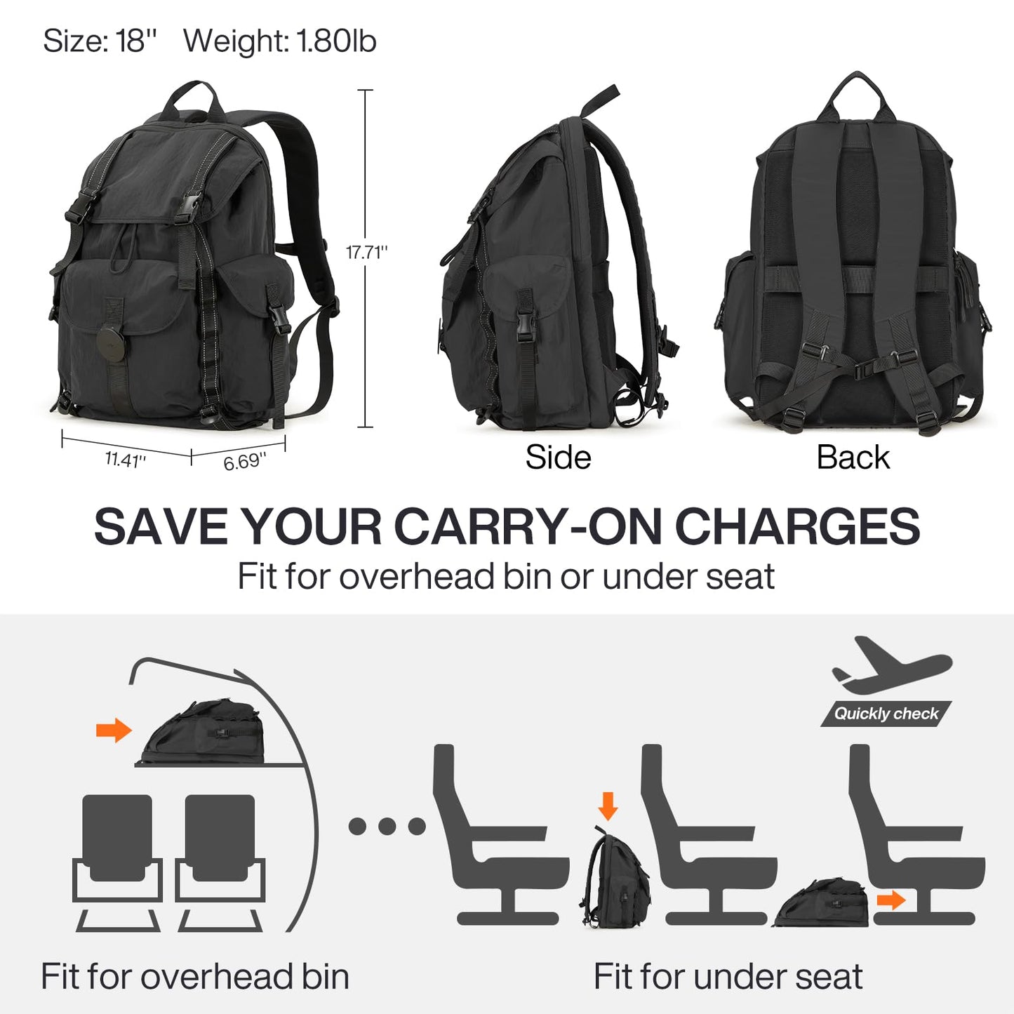 mixi Travel Backpack for Women Men, 18 Inch Carry On Laptop Backpack Flight Approved fits 16'' Laptop, Lightweight Waterproof Hiking Backpack Travel Outdoor Business Casual Daypack, Black