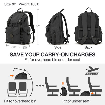 mixi Travel Backpack for Women Men, 18 Inch Carry On Laptop Backpack Flight Approved fits 16'' Laptop, Lightweight Waterproof Hiking Backpack Travel Outdoor Business Casual Daypack, Black