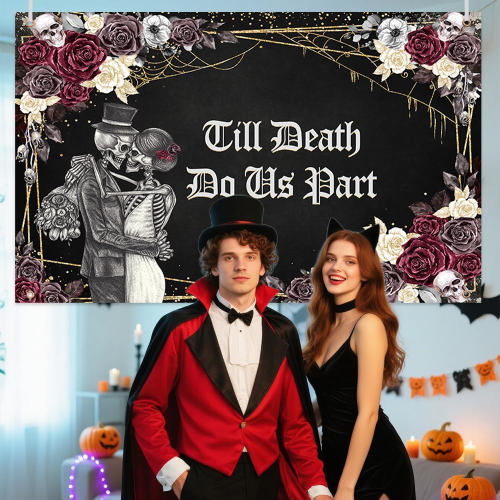 AIBIIN Halloween Till Death Do Us Part Backdrop Spooky Skull Gothic Wedding Photography Background Bridal Shower Bride and Groom Mr and Mrs Anniversary Party Decorations Banner 70.8 x 43.3 inch
