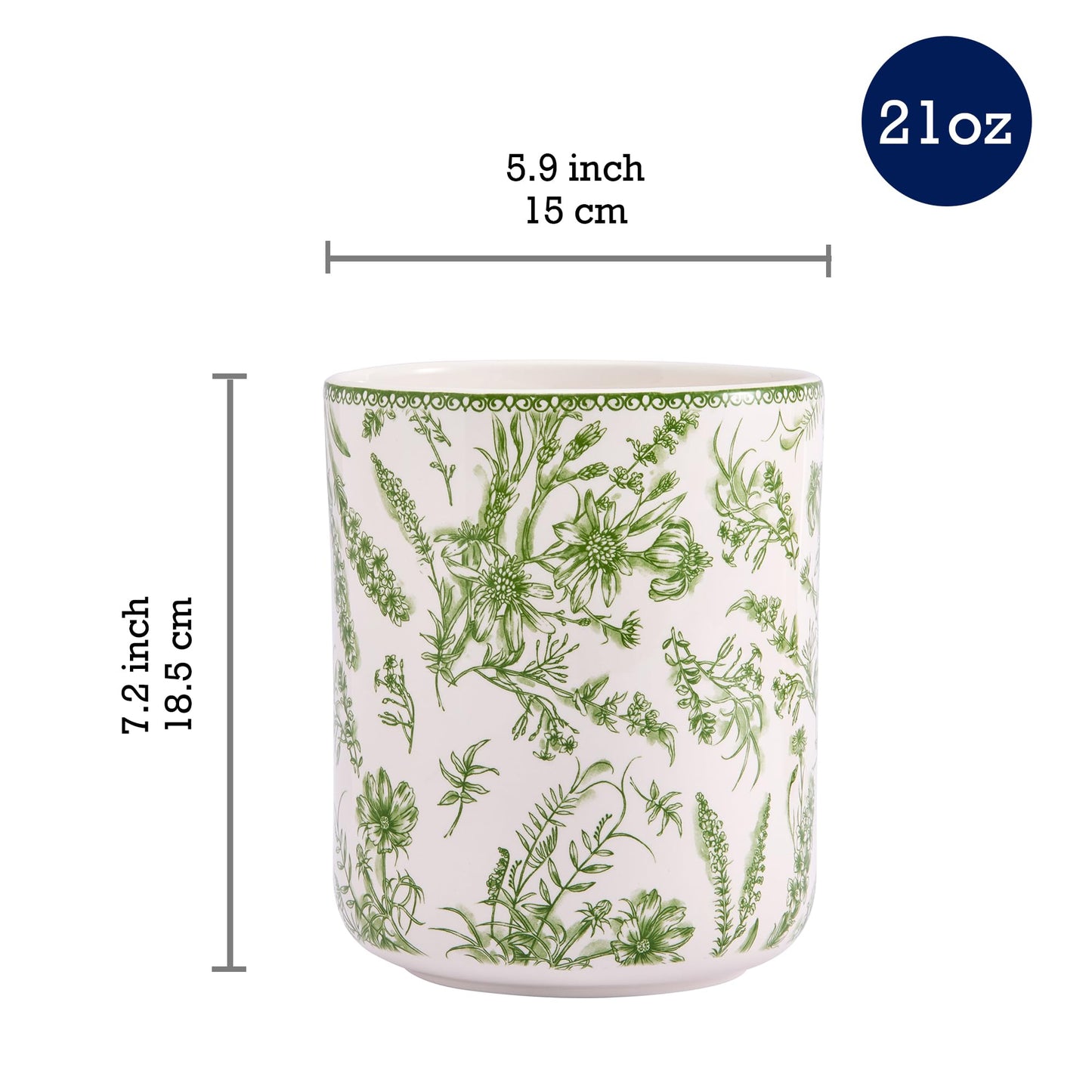 Bico Green Garden Toile De Jouy Ceramic Utensil Holder Set of 2 for Kitchen Counter, 7"+5" Large Cooking Utensil Crock Organizer, Lead & Cadmium Free, Dishwasher Safe, Decorative Kitchen Décor