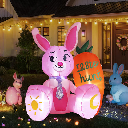 5.15FT Easter Inflatable Bunny Outdoor Decorations, Pink Rabbit with Orange Carrot, Built-in LED Lights and Anchor Kit, Blow Up Yard Decor for Garden, Lawn, Patio, Easter Egg Hunt Party