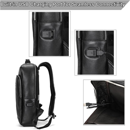 Yevabo Genuine Leather 15.6 Inch Laptop Backpack for Men, Multi Pocket Slim Daypack Shoulder Bag with Trolley Sleeve for Business Travel (Black)