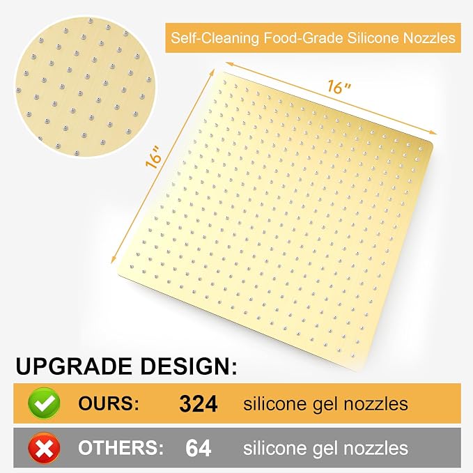 BESy 16 Inch Rain Shower Head, 16" Square Rainfall & High Pressure Stainless Steel Bath Showerhead, 1/16" Ultra Thin, Waterfall Full Body Coverage with Silicone Nozzle, Brushed Gold