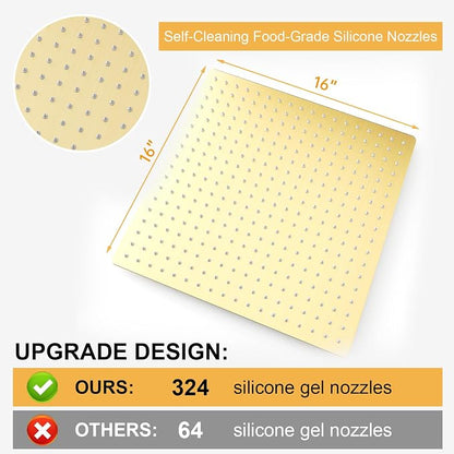BESy 16 Inch Rain Shower Head, 16" Square Rainfall & High Pressure Stainless Steel Bath Showerhead, 1/16" Ultra Thin, Waterfall Full Body Coverage with Silicone Nozzle, Brushed Gold