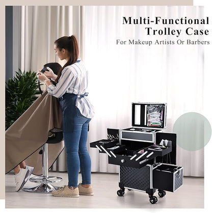 Professional Makeup Train Case Extendable Cosmetology Case on wheels | Rolling makeup station with a drawer and trays, ideal for makeup artists or dance competitions. Super organized.