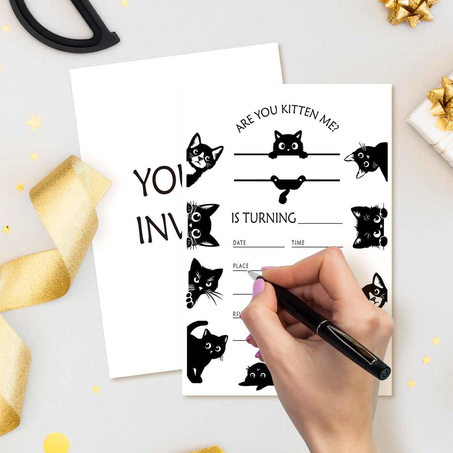 ZYQFN 20 Black Cat Birthday Invitations for Girls Boys Kids Adult with Envelopes - 4x6 Inch Kitten Card, Cute Pet Themed Party Invites. (030)
