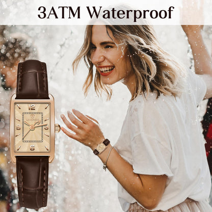 Timever Women's Leather Strap Watch Dainty Elegant Womens Watches Classic Vintage Retro Square Ladies Quartz Watches Gifts Present for Her