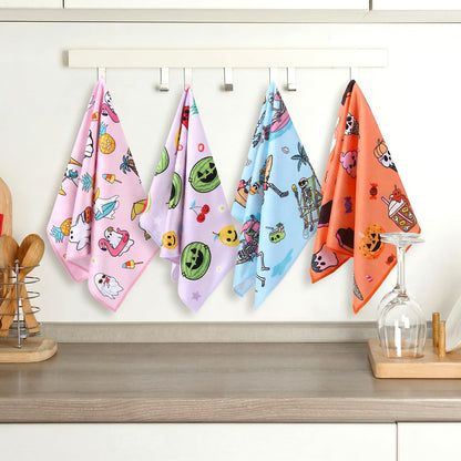 Frienda 4 Pcs Summer Halloween Kitchen Towels Funny Skull Ghost Hand Towels Jack-o-Lantern Fruit Ice-Cream Boo Dish Washcloth for Summer Halloween Bathroom Kitchen Home Decoration Gifts