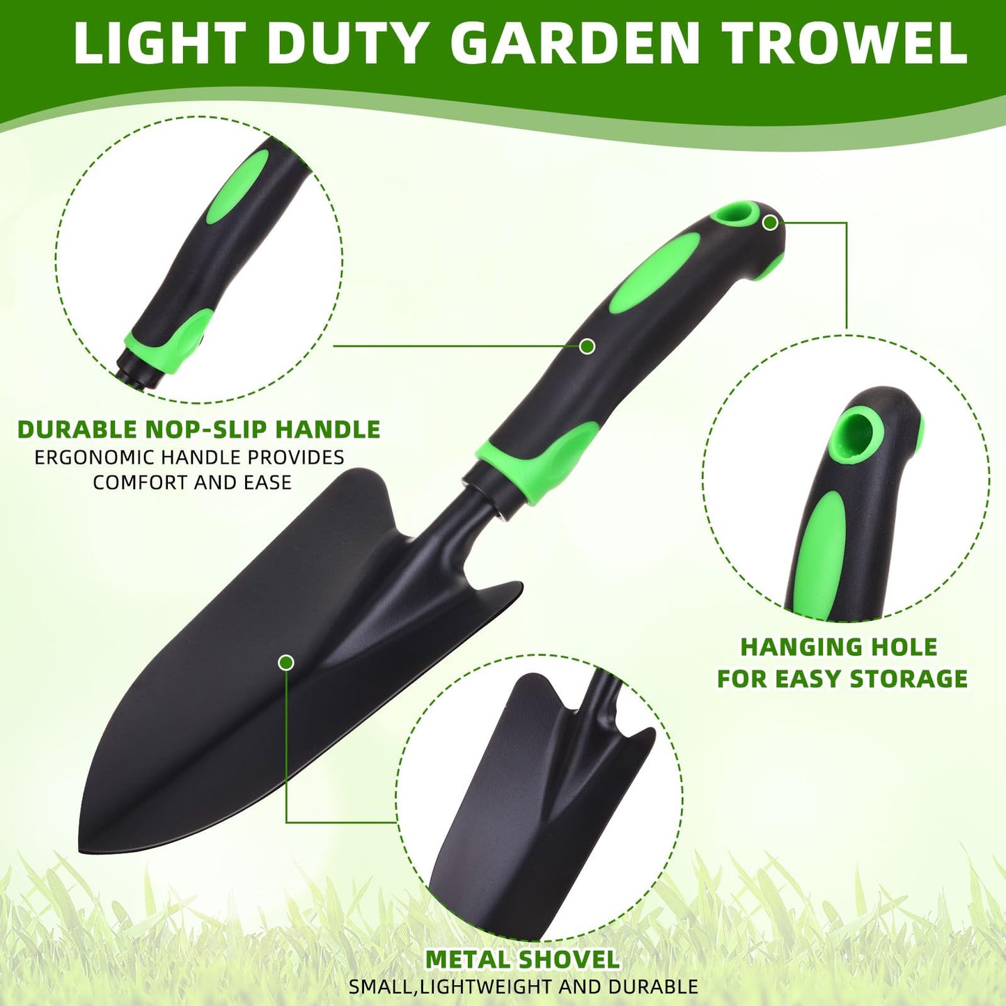 Yaocom 12 Pcs Garden Shovel Aluminum Alloy Heavy Duty Trowel Garden Tool Small Shovels for Digging Metal Hand Trowel Spade with Soft TPR Handle for Lawn Yard Farm Home Shop Planting (Green Black)