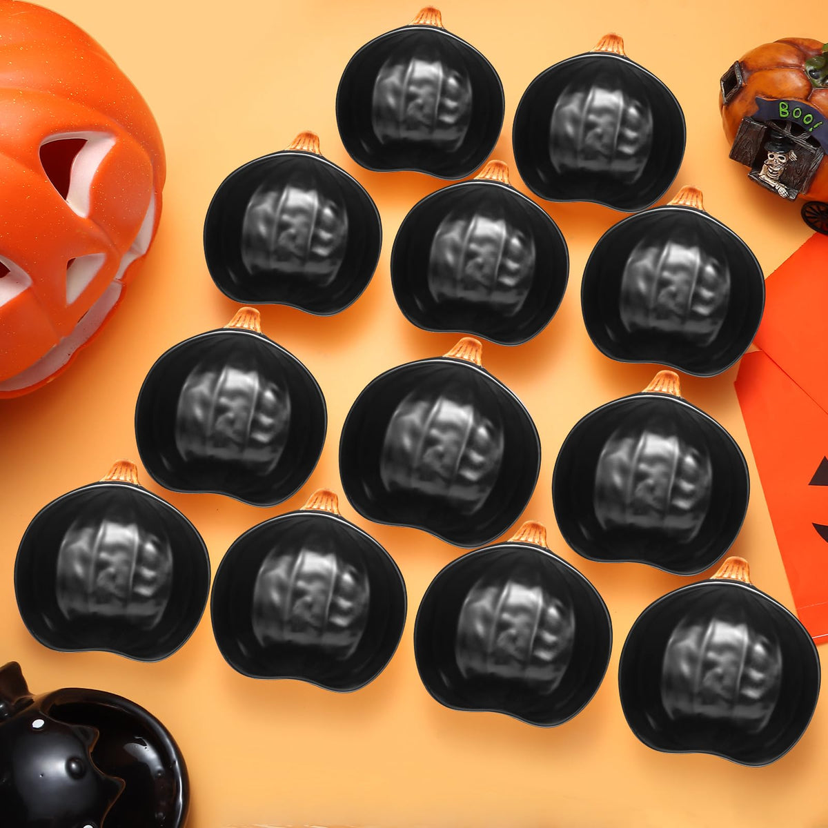 Kolewo4ever 12 Pieces Thanksgiving Bowls Pumpkin Bowl 6 Ounces Ramekins Small Pumpkin Shaped Bowls Dinnerware Decoration for Fall Thanksgiving Serving Dip, Sauce, Condiments,Snack (Black)