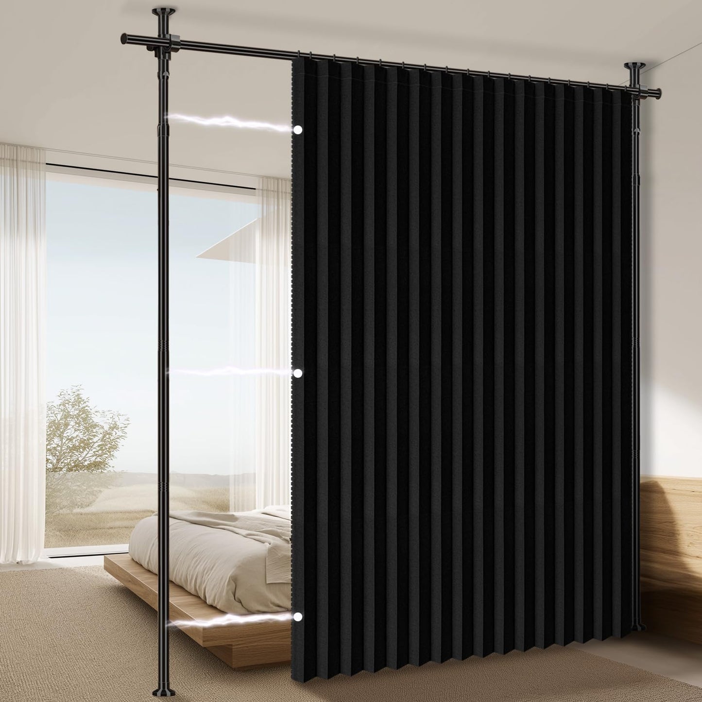 100% Blackout Room Divider Curtains Sets Black 1 Panel W100 x L84in No Drill Curtain Rods(H) 43-120×(W) 35-100 in for Bedroom Privacy Partition Separator
